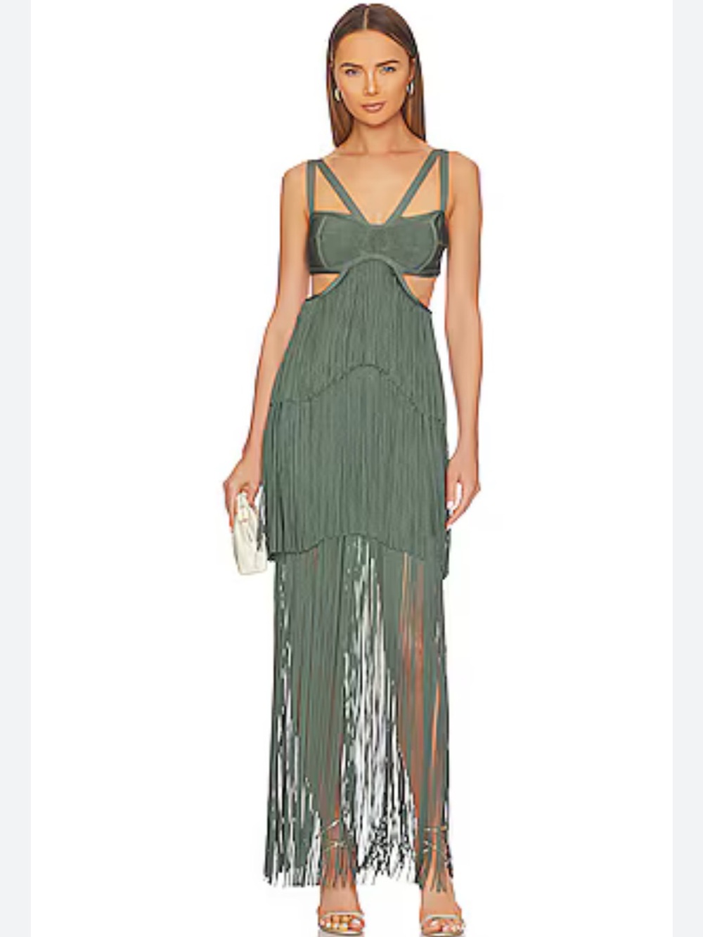 Herve Leger Strappy Tiered Fringe Maxi Dress Cutout Gown in Willow Green Medium - Picture 6 of 12